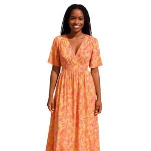 FORE Abstract Print Maxi Dress Orange Yellow Cutout Back Tiered Skirt L boho